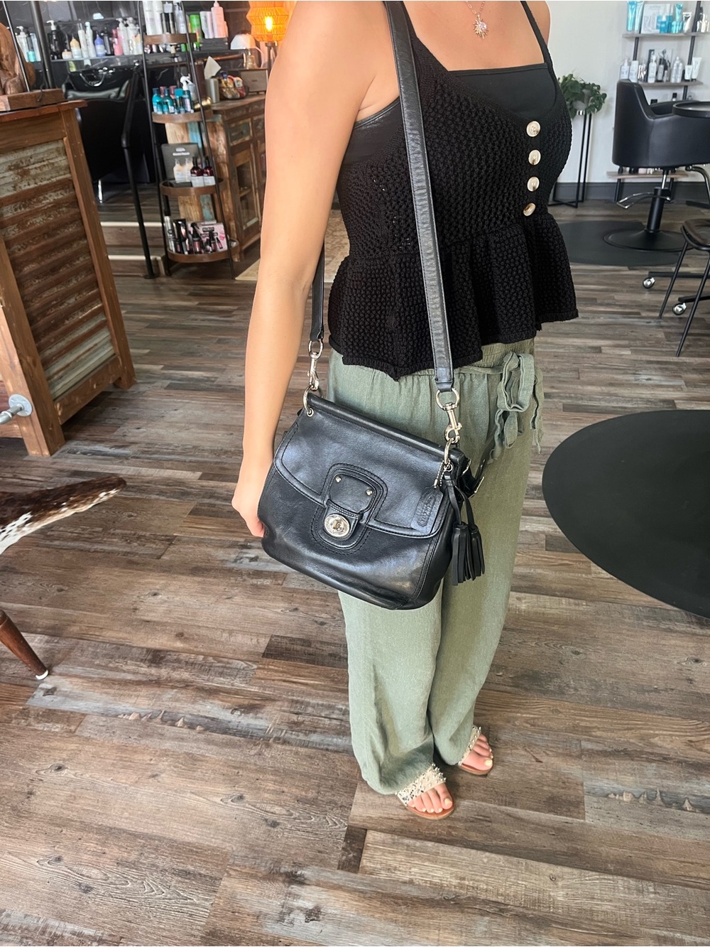 Coach Black Leather Shoulder Bag with Tassel